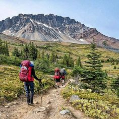 two hikers trekking up a trail in the mountains with backpacks on their backs