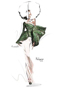 a drawing of a woman in a green dress with an umbrella over her head and the words halpero written on it