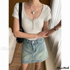 Olivia Mark - Minimalist Collared Button-Up Shirt with Half Placket and Tailored Fit Short Sleeves U Neck, Cheongsam, Olivia Mark, Types Of Collars, Workout Shorts, Workout Clothes, Button Up Shirts, Types Of Sleeves, Button Up