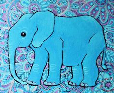 an elephant is painted on a blue and purple background with paisley designs around the edges