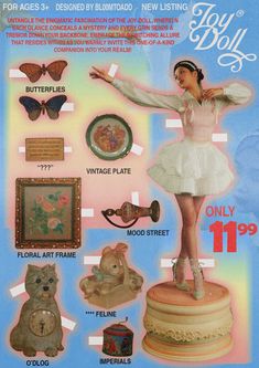 an advertisement for vintage items from the 1950's, featuring a woman in a white dress