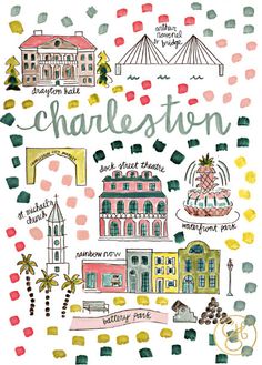 the charleston illustrated map is shown in pink, yellow and green colors with palm trees