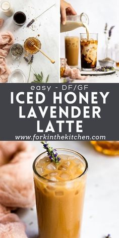 an iced honey latte with lavender sprigs on top and the title overlay reads easy - deve iced honey latte