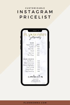 the instagramm price list for an instagramm event is shown in black and white