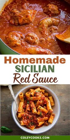 homemade sicilian red sauce with meatballs and pasta