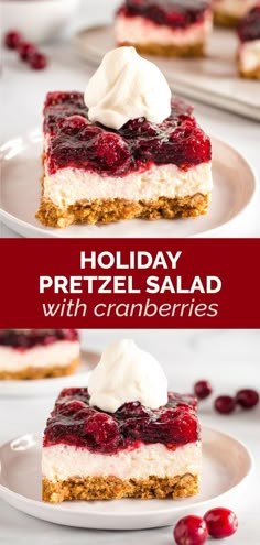 squares of cranberry pretzel salad with whipped cream Pretzel Salad Dessert, Whipped Cheese, Holiday Pretzels, Pretzel Desserts, Cranberry Dessert, Strawberry Pretzel Salad, Pretzel Salad, Strawberry Pretzel, Cranberry Cream Cheese