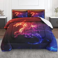 an image of a bed with red and blue comforters