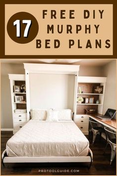 a bed that has been made with white linens and the words 17 free diy murphy beds plans