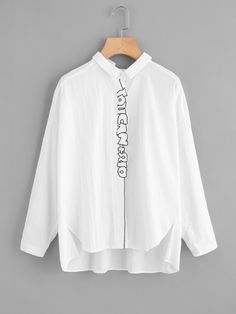 Free Shipping On Orders $50+ ✓. Embroidered Placket Dip Hem Crinkle Blouse- Blouses at SHEIN. Kurti Neck Designs, Pola Sulam, Embroidery On Clothes, 자수 디자인, Shirt Embroidery, Women Blouses, Design Dress, Embroidery Fashion, White Shirts