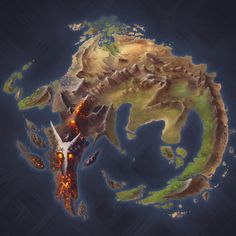 an image of a fantasy map with fire coming out of the middle and mountains in the background