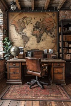 an old world map is mounted on the wall above a desk with a leather chair