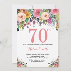 the floral 70th birthday party card