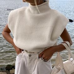 Basic Streetwear, Sleeveless Turtleneck Sweaters, Waistcoat Woman, Casual Turtleneck, Pullover Mode, Solid Color Sweater, Sleeveless Turtleneck, Sweater Vest Women