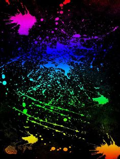 an abstract painting with multicolored paint splattered on the surface and black background