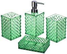 green glass bathroom accessories set with soap dispenser and tissue dispenser