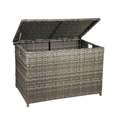 an outdoor wicker storage box with lid