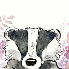 a drawing of a raccoon with flowers in the background