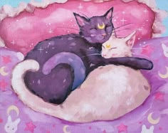 a painting of two cats cuddling on a pink pillow with stars and moon decorations