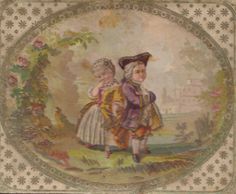 an old painting with two children dressed in period clothing and holding each other's back