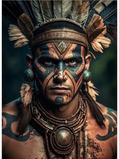 a man with painted face and feathers on his head