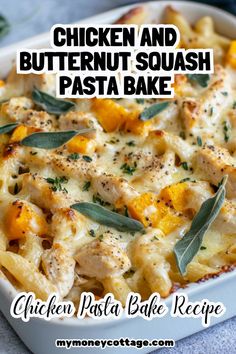 chicken and butternut squash pasta bake in a casserole dish with sage