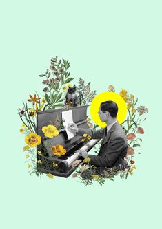 a man sitting at a piano surrounded by wildflowers and flowers with a cat on top