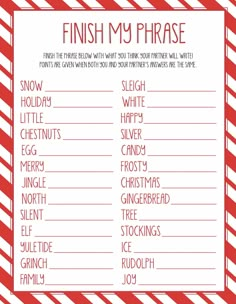 a red and white striped printable christmas wish list with words that say, finish my phrase