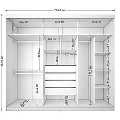 an open closet with measurements for the door and shelves on each side, including one shelf