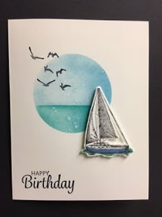 a birthday card with a sailboat and birds