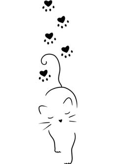 a black and white drawing of a cat with hearts coming out of it's back