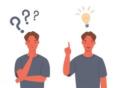 two men with question marks above their heads and one pointing at the lightbulb