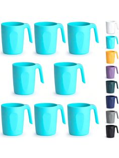 the mugs are all different colors and have handles to hold them in their cups