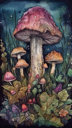 a painting of mushrooms in the grass