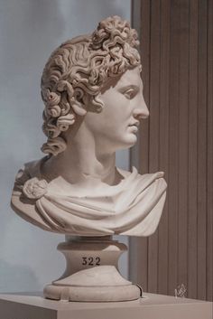 a white busturine with curly hair on display in a museum case, looking to the side