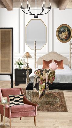 a bedroom with white walls and wood flooring, pink chair, chandelier