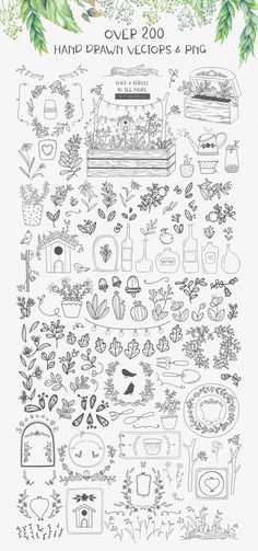 an image of a bunch of flowers and plants on a white background with the words over 200 hand drawn velops & pics