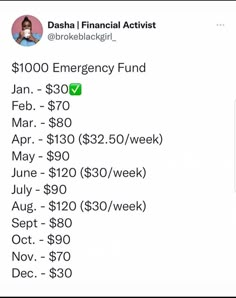 an image of a tweet with the words $ 100 emergency fund on it