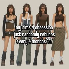 three women in different outfits with text that says, my sims 4 obese just randomly returns every 4 months?