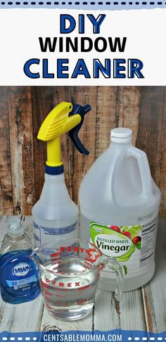 diy window cleaner and other cleaning supplies on a wooden table with text overlay