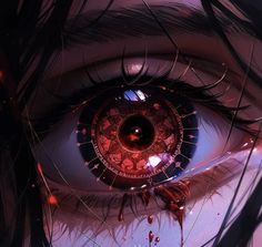 an eye with blood dripping from it and the iris partially open to reveal something red