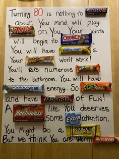 a handwritten note with candy bars on it