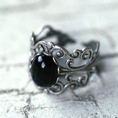 Filigree Ring  Black Onyx Stone in Silver 10x8mm by ragtrader, $17.00 Vintage Black Oval Filigree Ring, Vintage Black Filigree Rings, Vintage Oxidized Filigree Ring Gift, Black Oxidized Metal Rings, Vintage Oxidized Black Jewelry, Vintage Black Rings For Jewelry Making, Black Vintage Oxidized Jewelry, Vintage Black Nickel-free Rings, Adjustable Silver Vintage Filigree Ring