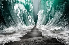 an image of a large wave coming in from the ocean with green and white colors