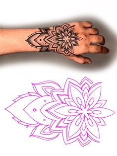 a woman's hand with a tattoo on it and a drawing of a flower