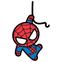 a spiderman ornament hanging from a string on a white background with the words,