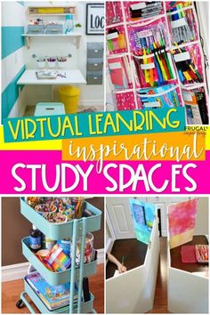 several different pictures with the words virtual learning inspired inspirational study spaces on them, including bookshelves and storage bins