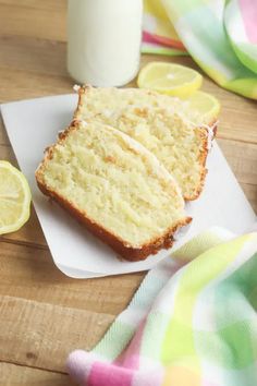 slices of lemon bread on a cutting board next to a glass of milk