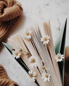 an open book sitting on top of a table next to some white flowers and yarn