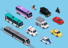 various types of cars and buses on a blue background