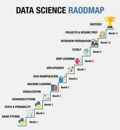 data science roadmap with steps leading up to the top, and an award cup on